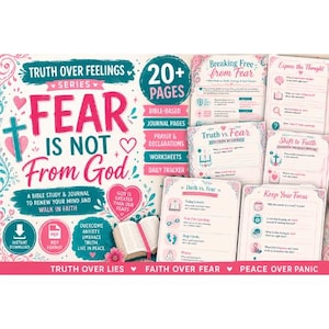 May include: A Bible study and journal with the text "FEAR IS NOT From God" in pink and teal. The journal includes worksheets, journal pages, and a daily tracker. The theme is overcoming anxiety and embracing truth.