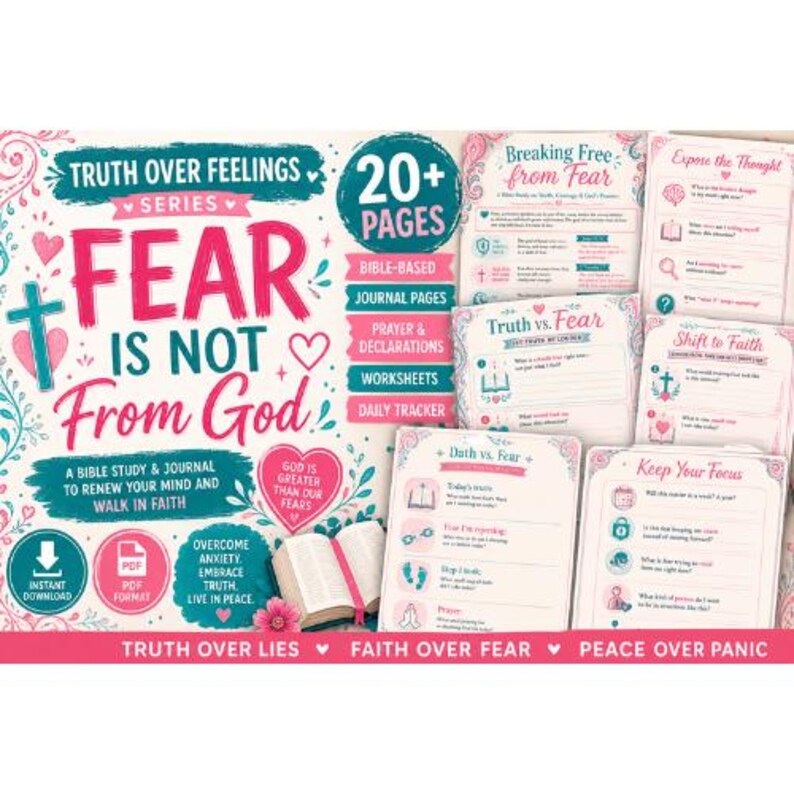 May include: A Bible study and journal with the text "FEAR IS NOT From God" in pink and teal. The journal includes worksheets, journal pages, and a daily tracker. The theme is overcoming anxiety and embracing truth.