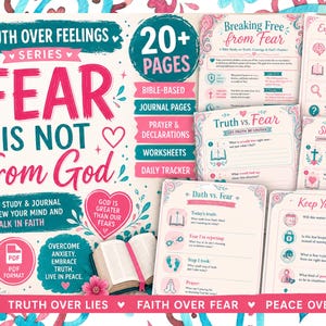 May include: A digital Bible study and journal with the title "Fear Is Not From God." The design features pink and teal accents, with the text "Truth Over Feelings" and "20+ Pages." Includes journal pages, worksheets, and a daily tracker.