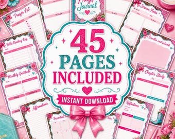 Könnte beinhalten: Eine Sammlung von rosa und türkisfarbenen, druckbaren Seiten für ein Gebetstagebuch. Die Seiten enthalten Aufforderungen für tägliche Andachten, Versanalysen, Predigtnotizen und mehr. Der Bildtext lautet "45 PAGES INCLUDED" und "INSTANT DOWNLOAD".