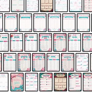 May include: A collection of digital planner pages featuring floral and bow motifs in shades of pink and teal. The pages include Bible reading logs, monthly schedules, prayer trackers, chapter summaries, and study notes with clear text headings.