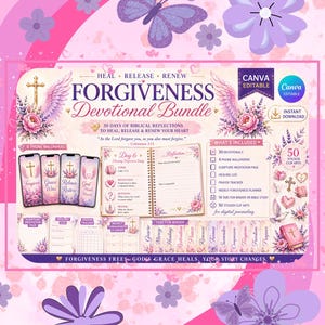 以下が含まれることがあります： ピンクと紫の花柄のデザインのデジタル祈りバンドル。「Forgiveness Devotional Bundle」というタイトルが「Heal、Release、Renew」という言葉で表示されます。電話の壁紙、祈り、ステッカークリップアートが含まれています。