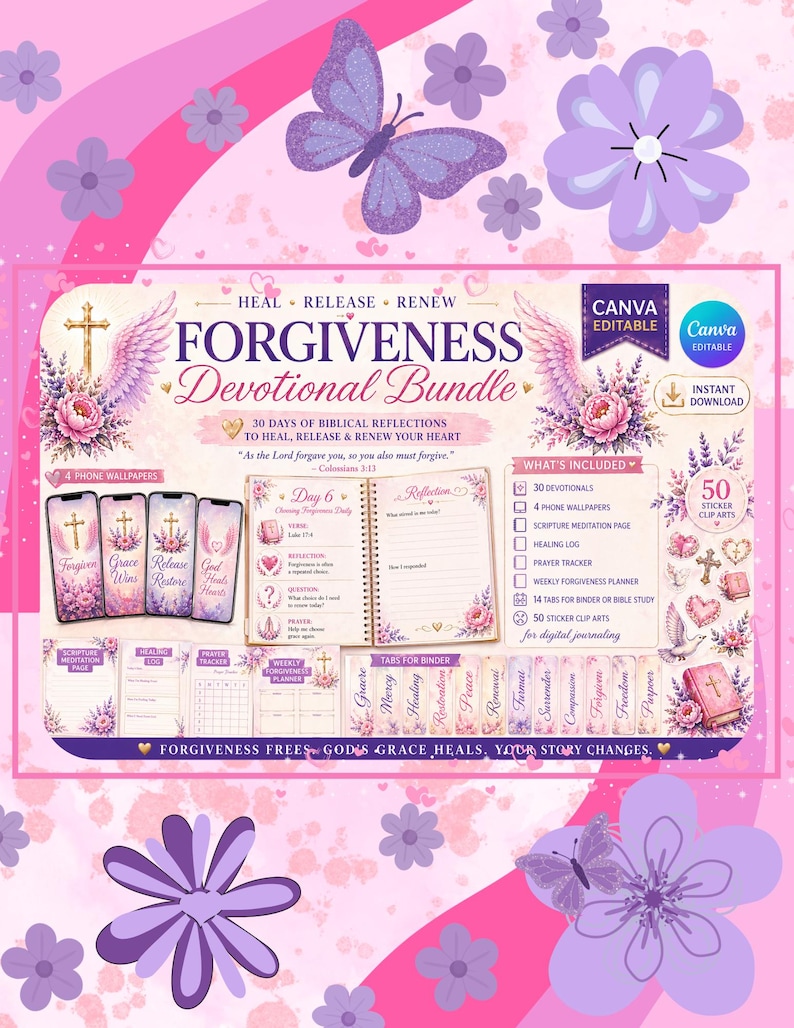 以下が含まれることがあります： ピンクと紫の花柄のデザインのデジタル祈りバンドル。「Forgiveness Devotional Bundle」というタイトルが「Heal、Release、Renew」という言葉で表示されます。電話の壁紙、祈り、ステッカークリップアートが含まれています。