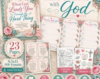 May include: A 23-page PDF printable devotional Bible study titled When God Leads You Through the Hard Thing. Includes a character study, prayer journal, scripture cards, coloring page, and stickers, all decorated with pink and blue floral accents.