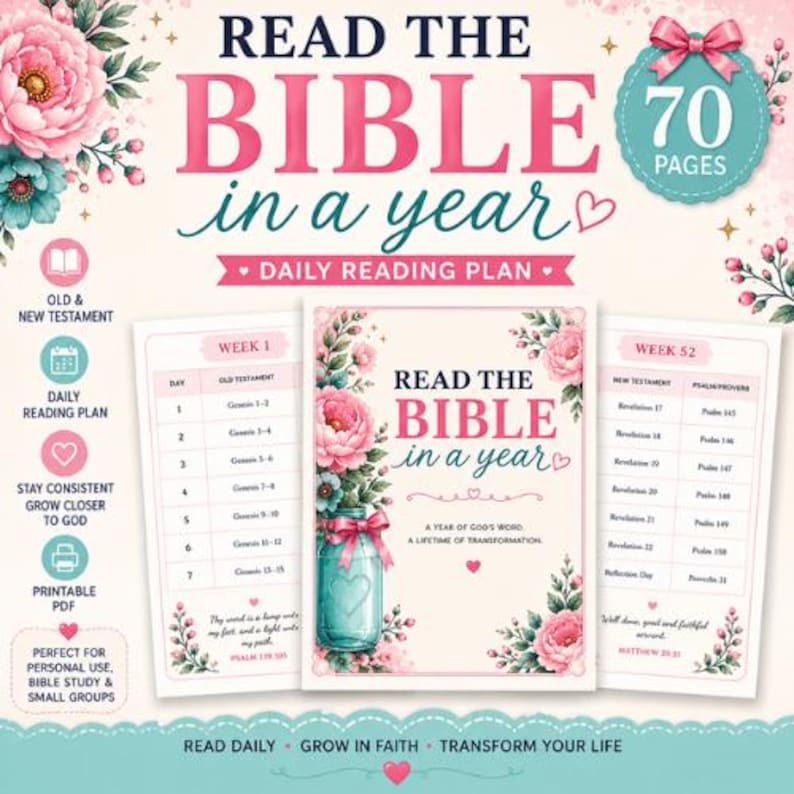 Bible in A Year Reading Plan Printable | 70 Page Bible Study Journal ...