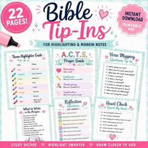 K&ouml;nnte beinhalten: Eine digitale Sammlung von 22 druckbaren Bibel-Einlegern f&uuml;r Hervorhebungen und Randnotizen. Das Set enth&auml;lt einen Themen-Textmarker-Leitfaden, einen A.C.T.S.-Gebetsleitfaden, Fragen zur Vers-Zuordnung und Reflexionsfragen.