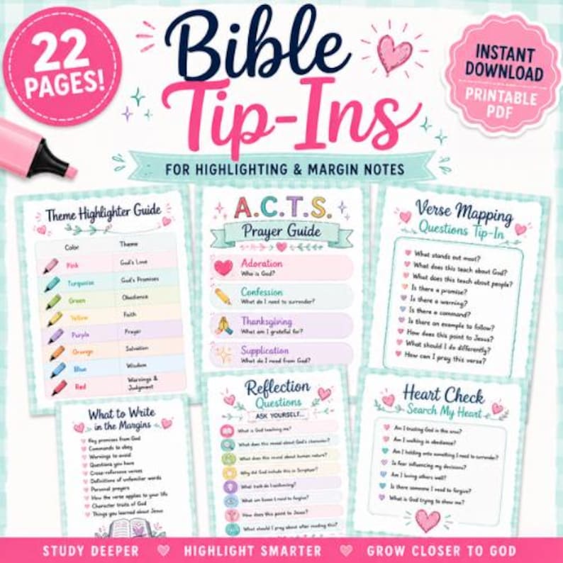 K&ouml;nnte beinhalten: Eine digitale Sammlung von 22 druckbaren Bibel-Einlegern f&uuml;r Hervorhebungen und Randnotizen. Das Set enth&auml;lt einen Themen-Textmarker-Leitfaden, einen A.C.T.S.-Gebetsleitfaden, Fragen zur Vers-Zuordnung und Reflexionsfragen.