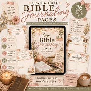 Könnte beinhalten: Digitales Bibel-Journaling-Kit mit 26 Seiten. Das Bild zeigt ein Tablet mit den Seiten, zusammen mit einer Kerze, Kaffee und einem offenen Buch. Das Kit enthält druckbare PDF-Dateien und digitale Nutzungsmöglichkeiten.