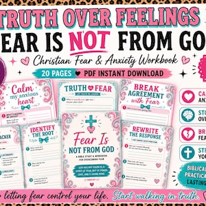 May include: A Christian fear and anxiety workbook with a pink and teal color scheme. The cover reads "Truth Over Feelings, Fear Is Not From God." The workbook includes pages for self-reflection and Bible study, with the text "20 Pages PDF Instant Download."