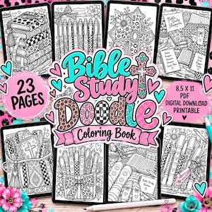 Puede incluir: Un libro de colorear digital Bible Study Doodle con 23 páginas de arte lineal en blanco y negro. La portada muestra el título en texto rosa y azul, rodeado de ilustraciones de libros, bolígrafos, cruces y corazones, de 21,6 x 27,9 cm.