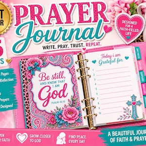 May include: A pink Prayer Journal with the words "Prayer Journal" in large letters. The journal includes daily prayer pages, gratitude lists, and Bible verses. A mug with the words "With God all things are possible" is also visible.