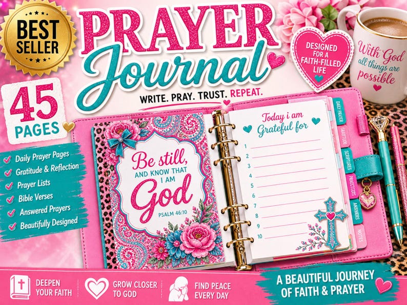 May include: A pink Prayer Journal with the words "Prayer Journal" in large letters. The journal includes daily prayer pages, gratitude lists, and Bible verses. A mug with the words "With God all things are possible" is also visible.