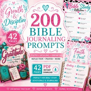 Può includere: Una raccolta di spunti per il journaling biblico con uno schema di colori rosa e verde acqua. Il design centrale presenta il testo "200 Bible Journaling Prompts". Ulteriori elementi includono i design "Gratitudine" e "Fede e Fiducia", insieme a una grafica "42 Pagine".