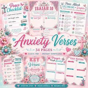 May include: A collection of 34-page printable journals with the title "Anxiety Verses." The pages feature floral designs, crosses, and text such as "Peace Checklist," "Isaiah 10," and "Key Verses for Anxiety." The color scheme is primarily pink and teal.