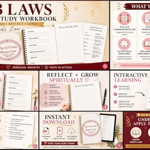 Puede incluir: Un cuaderno de estudio bíblico titulado "613 Leyes" con un diseño burdeos y blanco. El cuaderno incluye herramientas de estudio, información, hojas de trabajo y páginas de reflexión. Ofrece estudio profundo de la Torá, crecimiento personal y aprendizaje interactivo.