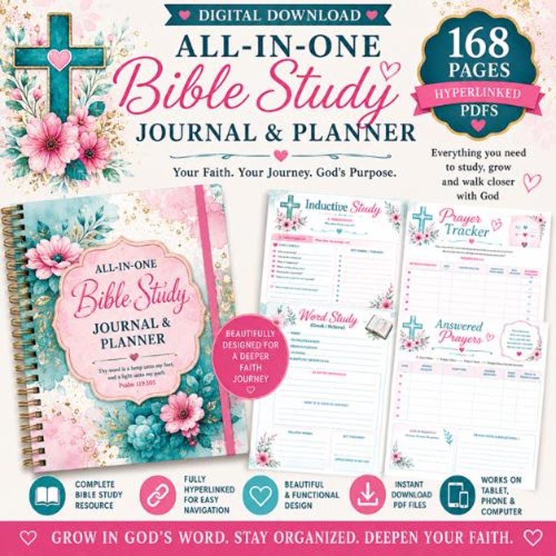 May include: A digital Bible study journal and planner featuring 168 pages of hyperlinked PDFs. The cover displays floral watercolour art with a teal cross and pink accents. Included are pages for inductive study, prayer tracking, and answered prayers.