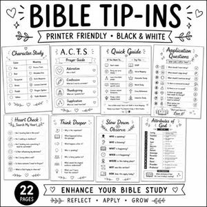 Op de afbeelding: Een set van 22 zwart-wit printbare bijbel-insteekvellen met diverse studiegidsen, waaronder Character Study, A.C.F.S. Prayer Guide, Quick Guide, Application Questions, Heart Check, Think Deeper, Slow Down and Observe en Attributes of God.