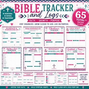 May include: A collection of printable Bible tracker and log sheets featuring teal and pink text and decorative borders. The pages include headers such as Outreach & Evangelism Log, Obedience Tracker, and Gratitude & Praise Log, with 65 total trackers.