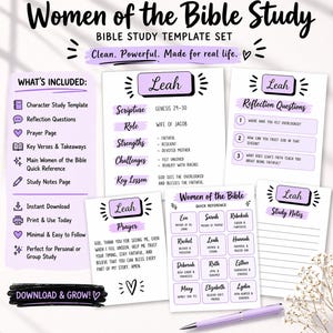May include: A Bible study template set titled "Women of the Bible Study" with a purple and white design. The set includes templates for character studies, reflection questions, prayer pages, and study notes. A purple pen rests on the pages.