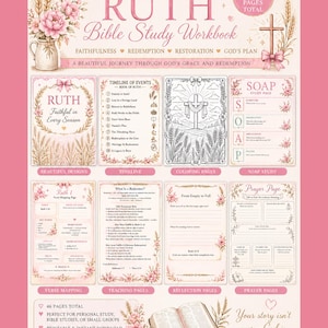 May include: A pink Bible study workbook titled "Book of Ruth" with floral accents. The cover features text and illustrations, including a cross and wheat. It includes 46 pages for personal study, Bible studies, or small groups.