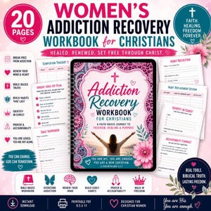 Könnte beinhalten: Ein Arbeitsbuch zur Genesung von Suchterkrankungen für Frauen, konzipiert für Christen. Das Cover zeigt den Titel "Addiction Recovery Workbook" mit einem Kreuz und einer Frau mit erhobenen Armen. Enthält 20 Seiten.