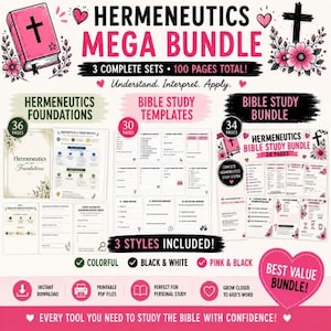 以下が含まれることがあります： 「HERMENEUTICS MEGA BUNDLE」と書かれたピンクと白のデジタルダウンロードバンドル。聖書研究のテンプレートと基礎が含まれており、3つの完全なセットと合計100ページです。カラフル、白黒、ピンクと黒のスタイルが含まれています。