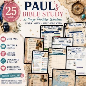 May include: A digital workbook titled "Paul's Bible Study" with 25 pages. The design includes a compass, quill, and inkwell. The workbook covers topics like prayers, studies, letters, and endurance, perfect for personal study and journaling.