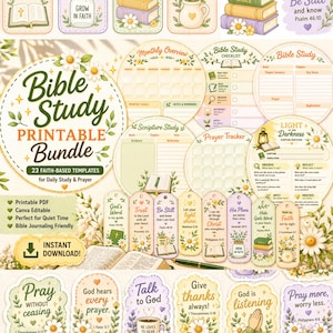 May include: A collection of printable Bible study templates and tags with floral and daisy designs. Includes a Bible study checklist, prayer tracker, and various inspirational quotes. The bundle is for daily study and prayer.