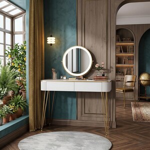 small gold dressing table Amazon.com: Tribesigns White Vanity Desk with 5 Drawers, Extendable White Makeup Vanity with Acrylic Base and Gold Handles, Small Modern Dressing Table for Women Girls (Only Table) : Home & Kitchen