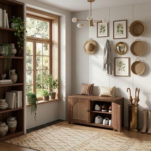 May include: A well-lit entryway with a wooden shoe cabinet, a bookshelf, and a large window. The walls are decorated with framed botanical prints, a mirror, and woven baskets. A straw hat and scarf hang on the wall. The room has a rug with a geometric pattern.