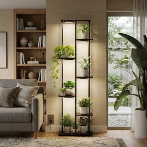 May include: A black metal plant stand with multiple shelves, each holding potted plants. The stand has built-in lighting, illuminating the plants and creating a warm ambiance. The plants vary in size and type, adding visual interest to the indoor space.