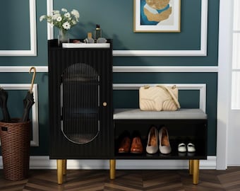 Storage Bench with Glass Door Padded Seat Shoe Cabinet