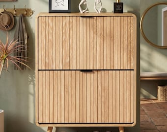 Narrow Shoe Cabinet, 2 Flip Drawer Fluted Shoe Organizer