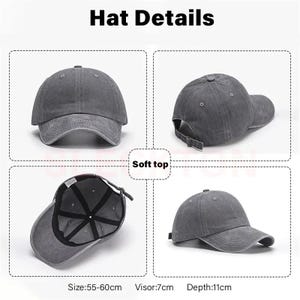 May include: A gray baseball cap with a curved visor and adjustable strap. The hat's depth is 11 inches, and the visor is 7 inches. The hat size is 55-60cm. The image shows details of the hat, including the soft top and interior.