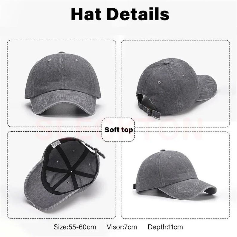 May include: A gray baseball cap with a curved visor and adjustable strap. The hat's depth is 11 inches, and the visor is 7 inches. The hat size is 55-60cm. The image shows details of the hat, including the soft top and interior.