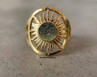 18k Gold Plated Sun Shape Moldavite Ring: Handmade Sterling Silver, Sunburst Meteorite Ring, High Vibration Jewelry, Gift For Her