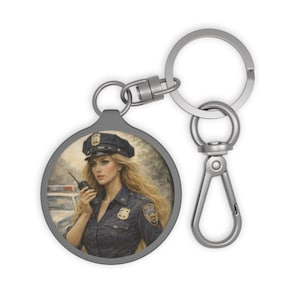 May include: A round keychain with a silver metal clasp and ring. The keychain features a portrait of a police officer in uniform, holding a radio. The officer has blonde hair and is wearing a police hat.