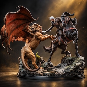 May include: A detailed sculpture depicting a white-haired warrior on a black horse wielding a sword against a winged, lion-like creature. The figures are mounted on a rocky base with a dark, atmospheric background and dramatic lighting.