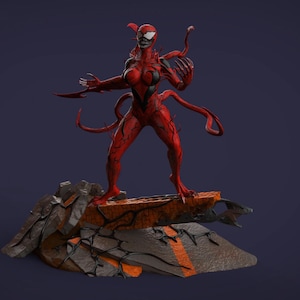 Puede incluir: Figura de acción roja y negra de un personaje femenino con una expresión amenazante, de pie sobre una base rocosa. La figura tiene garras y zarcillos afilados, con un diseño detallado. La base tiene detalles en naranja y gris sobre un fondo azul oscuro.