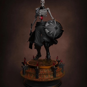 May include: A detailed figurine of a skeletal warrior, holding a sword and shield. The figure is dressed in dark clothing and stands on a decorative base with red accents. The overall color scheme is dark with a focus on the skeletal figure.