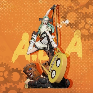 May include: A dynamic figurine of a character in a white and tan outfit with teal hair, holding a yellow disc-shaped object. The figure is posed on a base with a brown and orange robot-like structure. The background is orange with large yellow letters.
