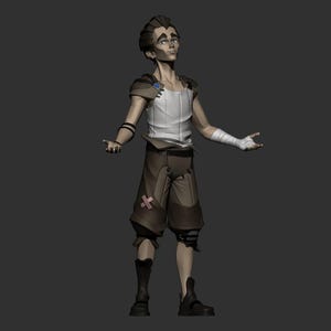 May include: A 3D rendered character with a stylized design. The figure wears a white tank top, brown shorts with a pink cross patch, and black boots. The character has a bandage on one arm and a blue accent on the shoulder.