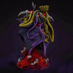 May include: A detailed figurine of a skeletal figure in a dark purple robe with gold accents. The figure holds a staff and a basket, standing on a red, fiery base with skulls. The figure's skeletal form is visible, with red orbs and purple ribbons.