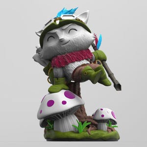 May include: A white figurine of a cartoon character with a fox-like face, wearing a green hat and boots, and a red scarf. The character is sitting on a mushroom with purple spots. A staff is held in its hand. The figurine is on a base with grass and more mushrooms.