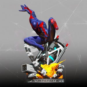 May include: A detailed figurine of a superhero in a dynamic pose, clad in a blue and red suit. The figure is perched atop a futuristic, mechanical structure with a fiery, yellow base. The overall design is highly detailed and stylized.