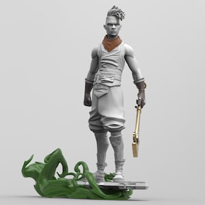 May include: A 3D-printed figurine of a person in a white outfit, brown neckerchief, and gloves, holding a golden instrument. The figure stands on a platform with green, plant-like structures. The figurine has a unique hairstyle.