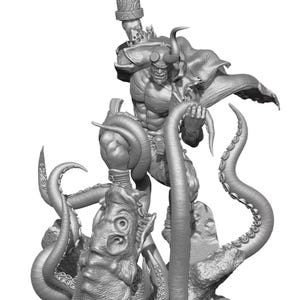 May include: A gray, detailed statue of Hellboy standing atop a creature with tentacles. Hellboy is muscular, with horns, and a large stone fist raised. The base of the statue features the word "HELLBOY" and skull details.