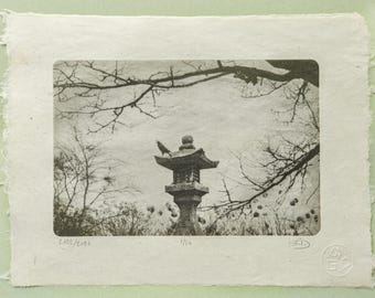 Crow on Stone Lantern Photogravure, Original Handmade Etching on Washi, Limited Edition of 10, Black and White Fine Art Print