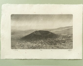 Volcano Crater Photogravure, Original Handmade Etching on Washi, Limited Edition of 7, Signed & Embossed Black and White Fine Art Print