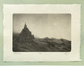 Scottish Peak in Mist Photogravure, Original Handmade Etching on Washi, Limited Edition of 10, Signed & Embossed Monochrome Fine Art Print